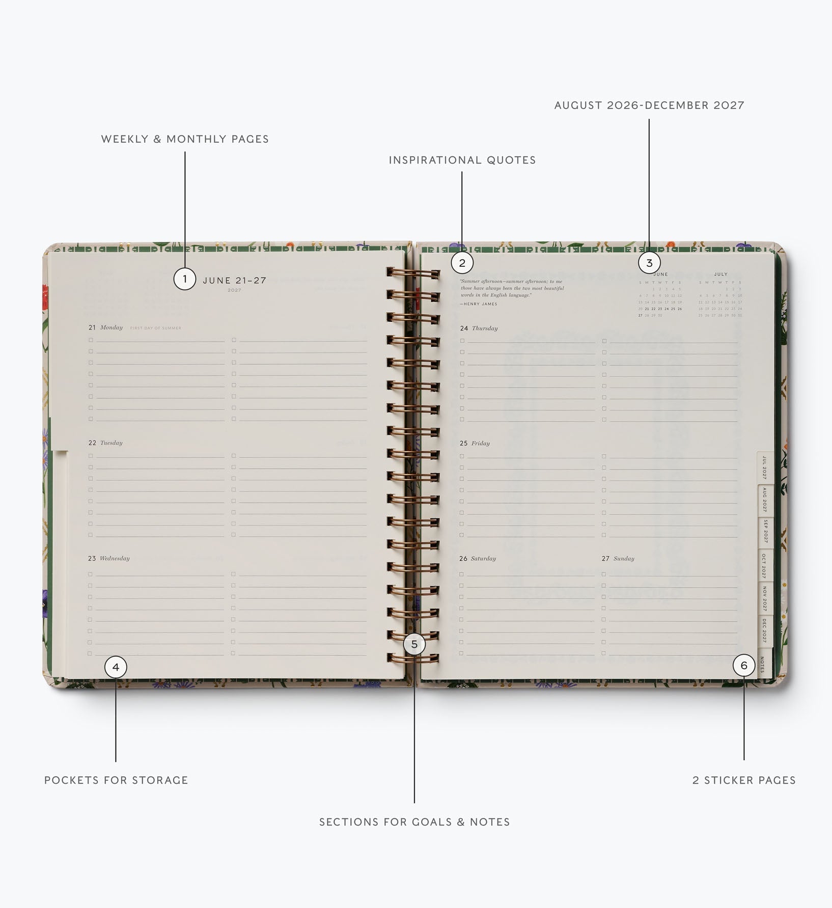 2026-2027 17-Month Academic Hardcover Spiral Planner - Garden Study